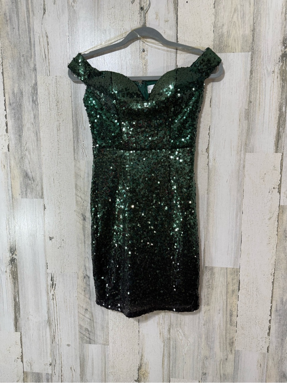 Honey and Rosie Dark Emerald Off-Shoulder Sequin Cocktail Dress